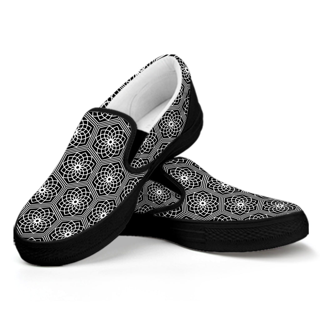 White And Black Lotus Pattern Print Black Slip On Shoes
