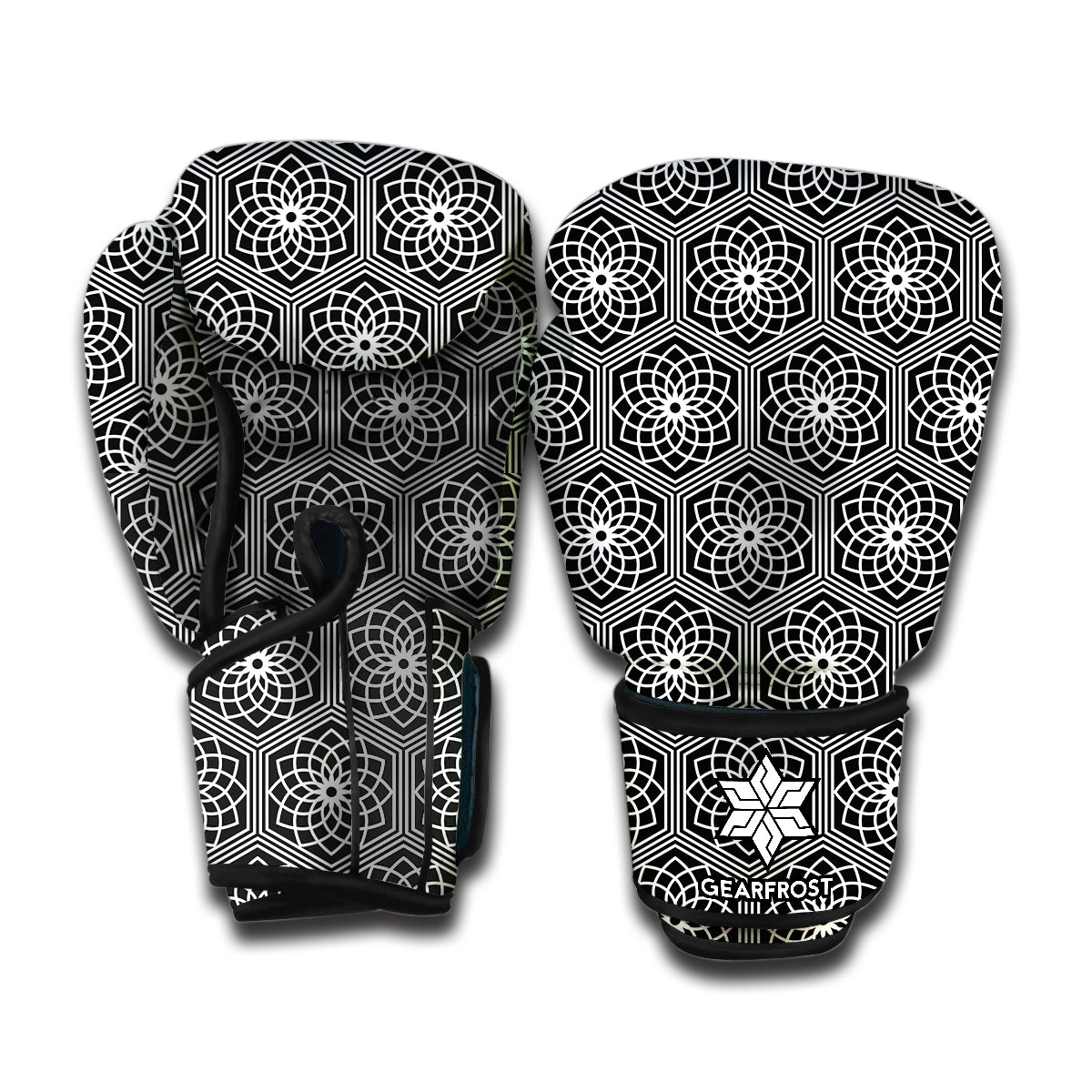 White And Black Lotus Pattern Print Boxing Gloves