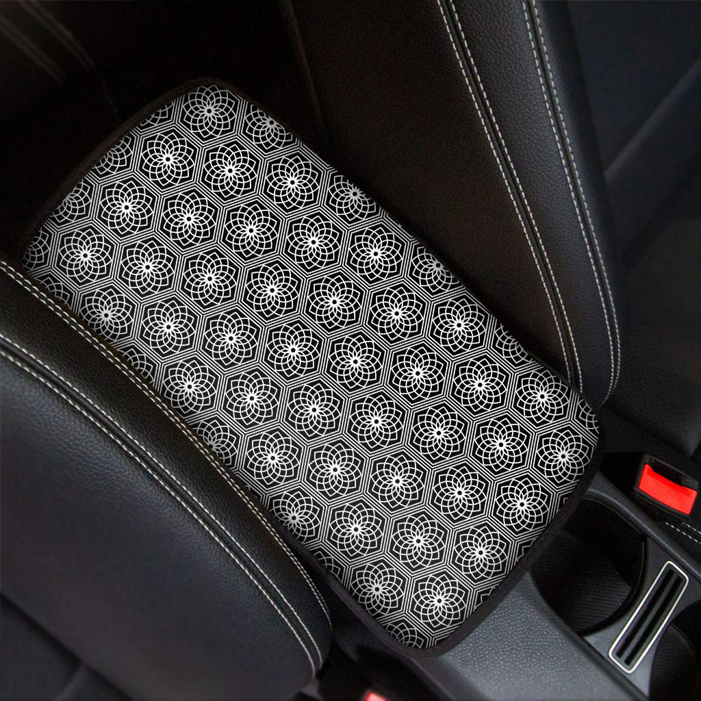White And Black Lotus Pattern Print Car Center Console Cover