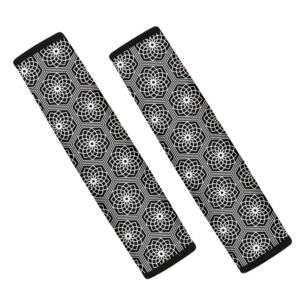 White And Black Lotus Pattern Print Car Seat Belt Covers