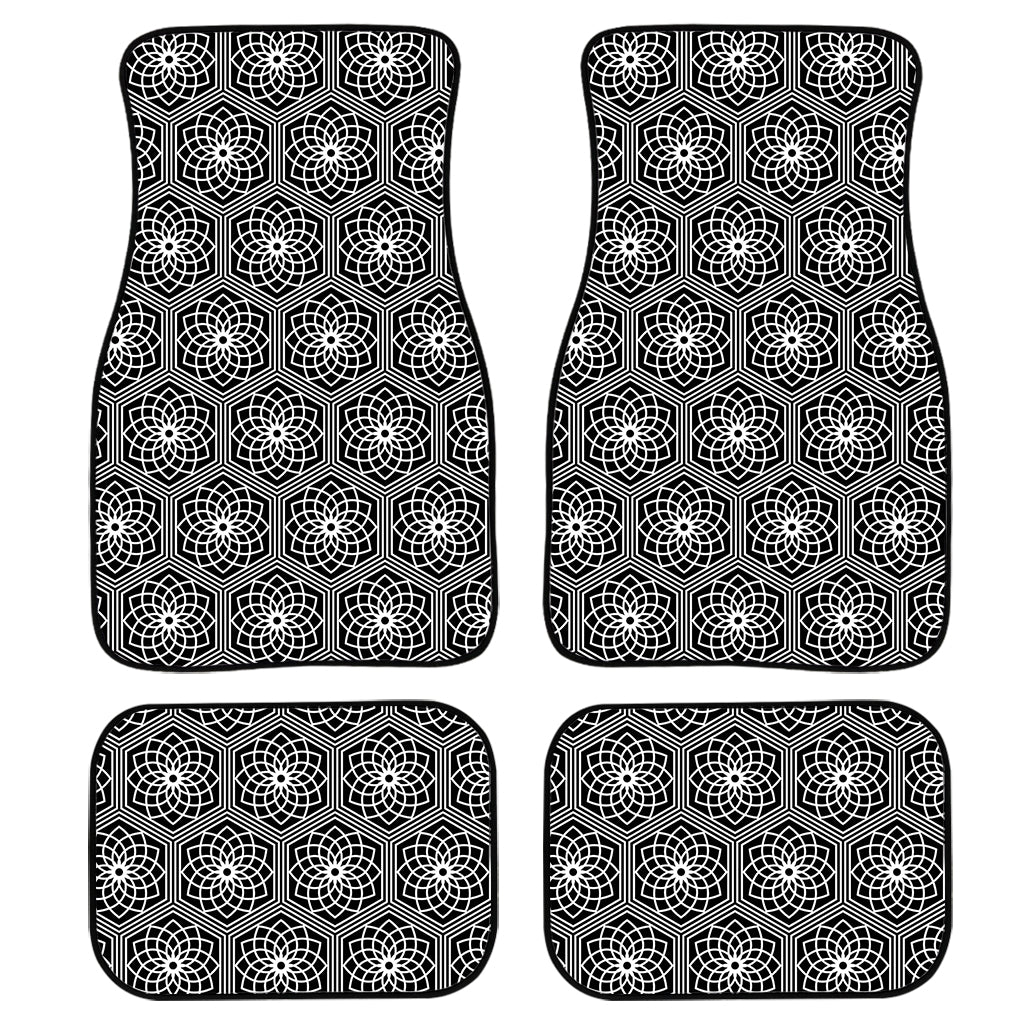 White And Black Lotus Pattern Print Front and Back Car Floor Mats
