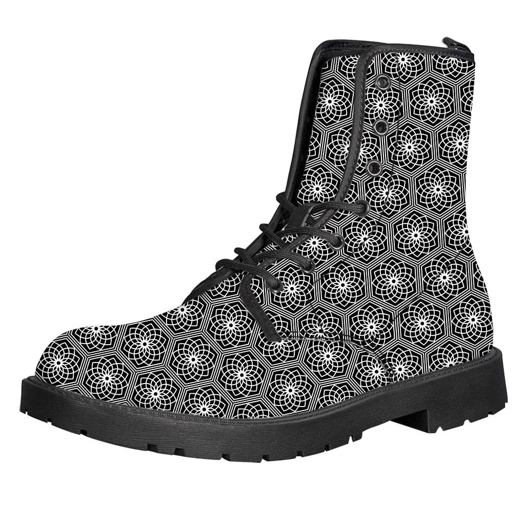White And Black Lotus Pattern Print Leather Boots