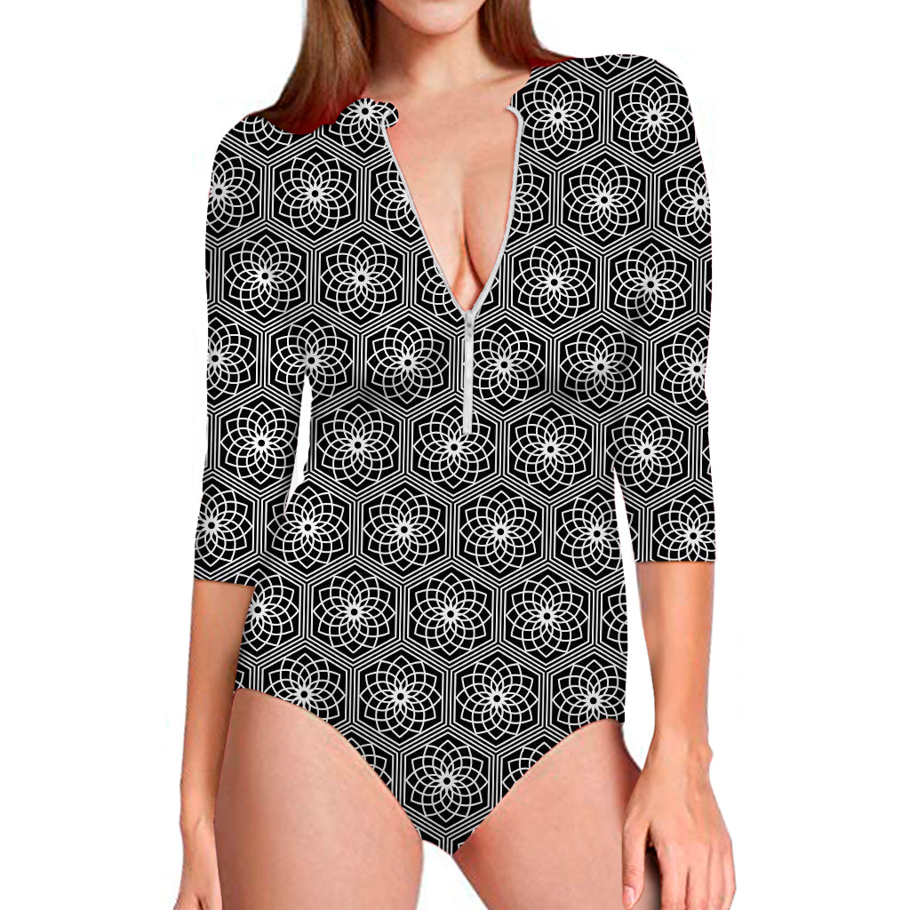 White And Black Lotus Pattern Print Long Sleeve One Piece Swimsuit