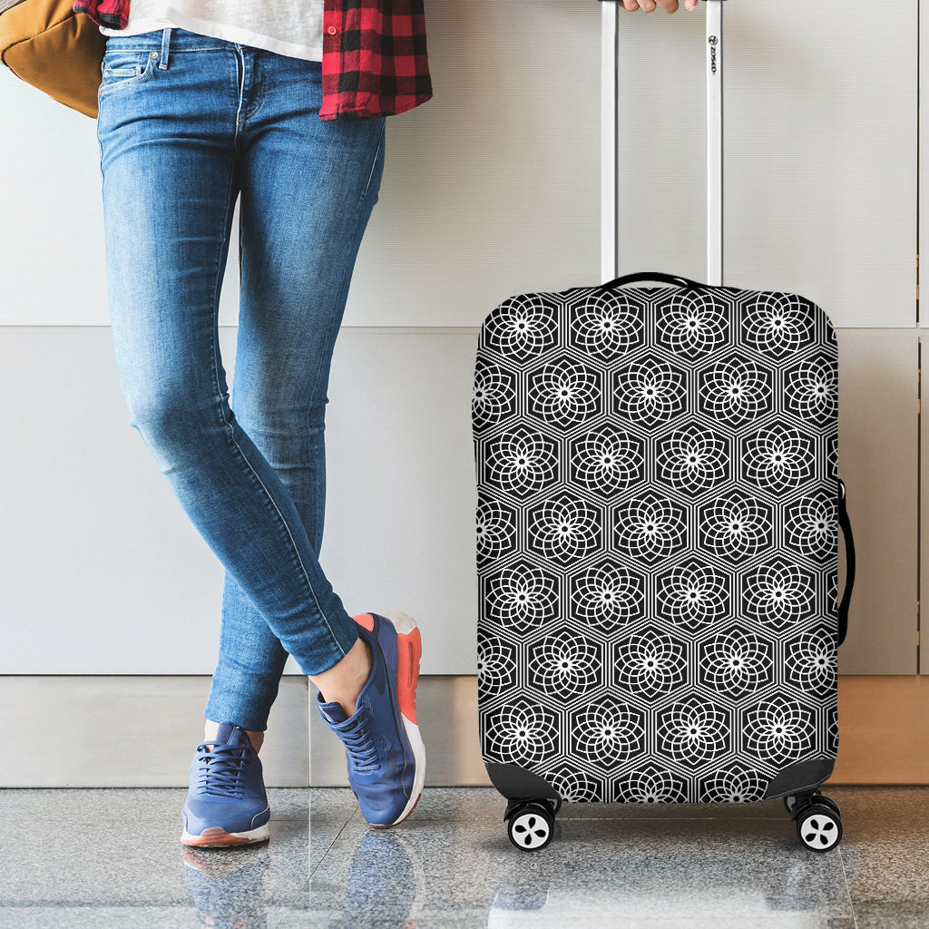 White And Black Lotus Pattern Print Luggage Cover