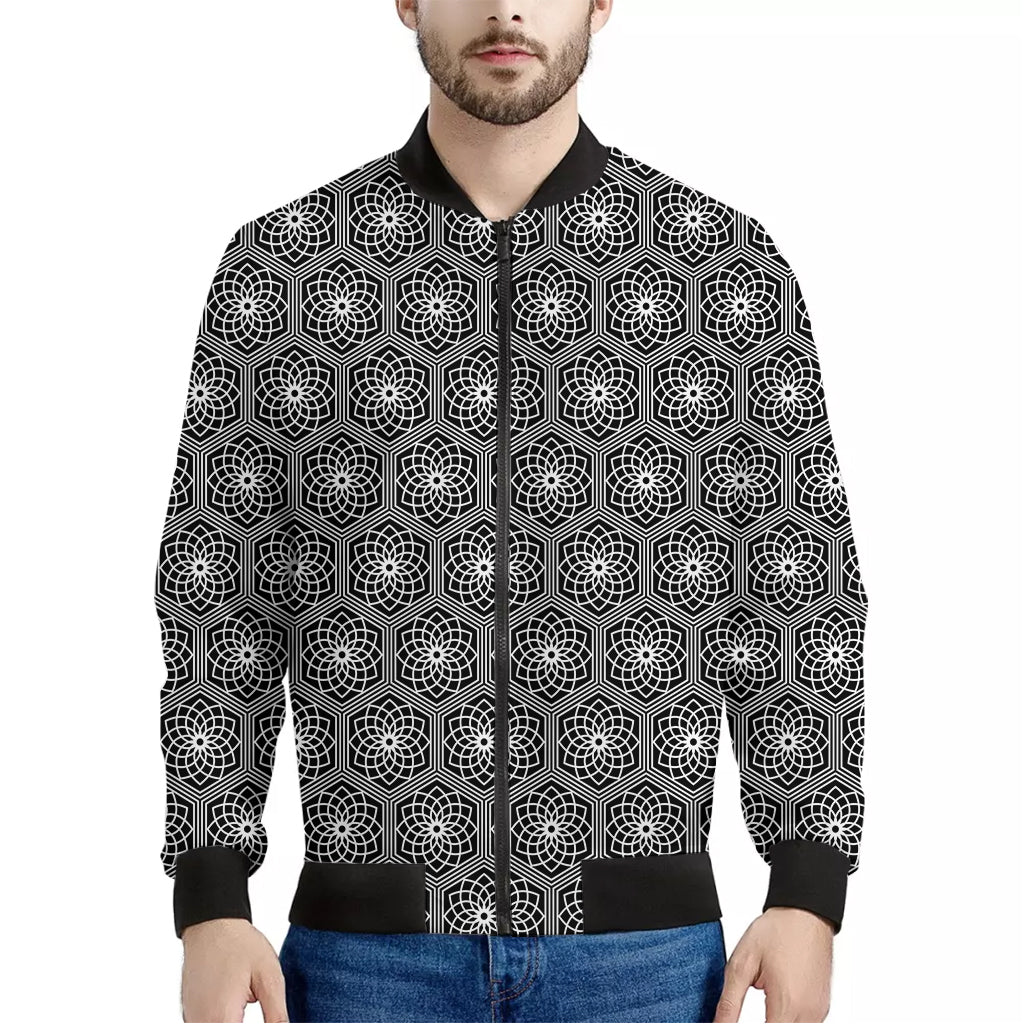 White And Black Lotus Pattern Print Men's Bomber Jacket