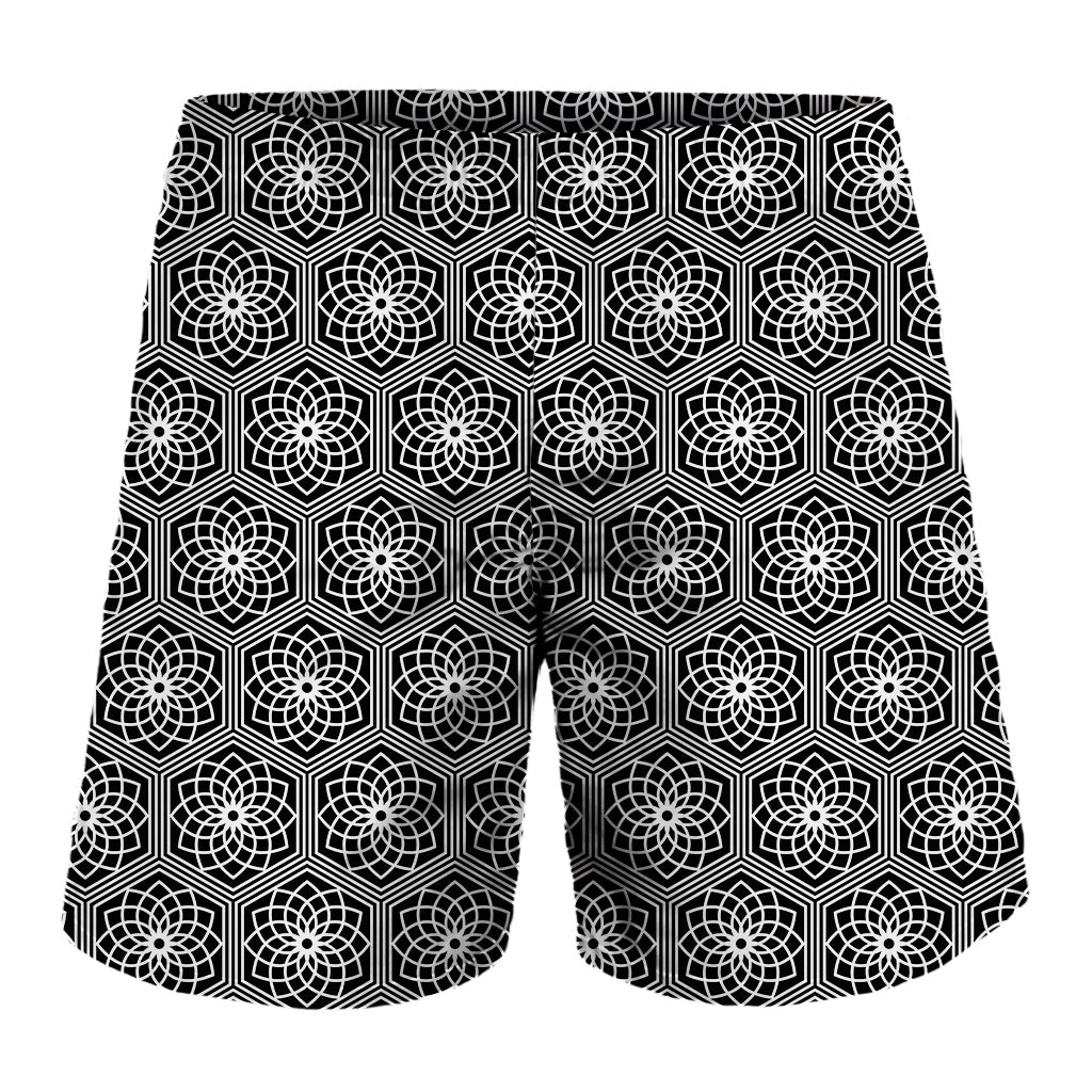 White And Black Lotus Pattern Print Men's Shorts