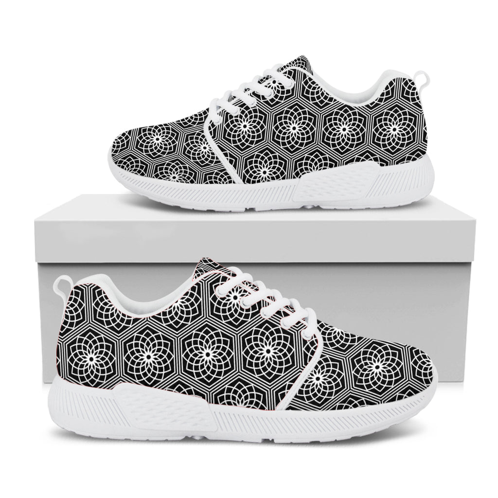 White And Black Lotus Pattern Print White Athletic Shoes