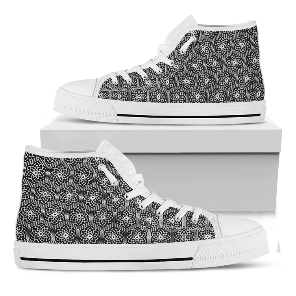 White And Black Lotus Pattern Print White High Top Shoes