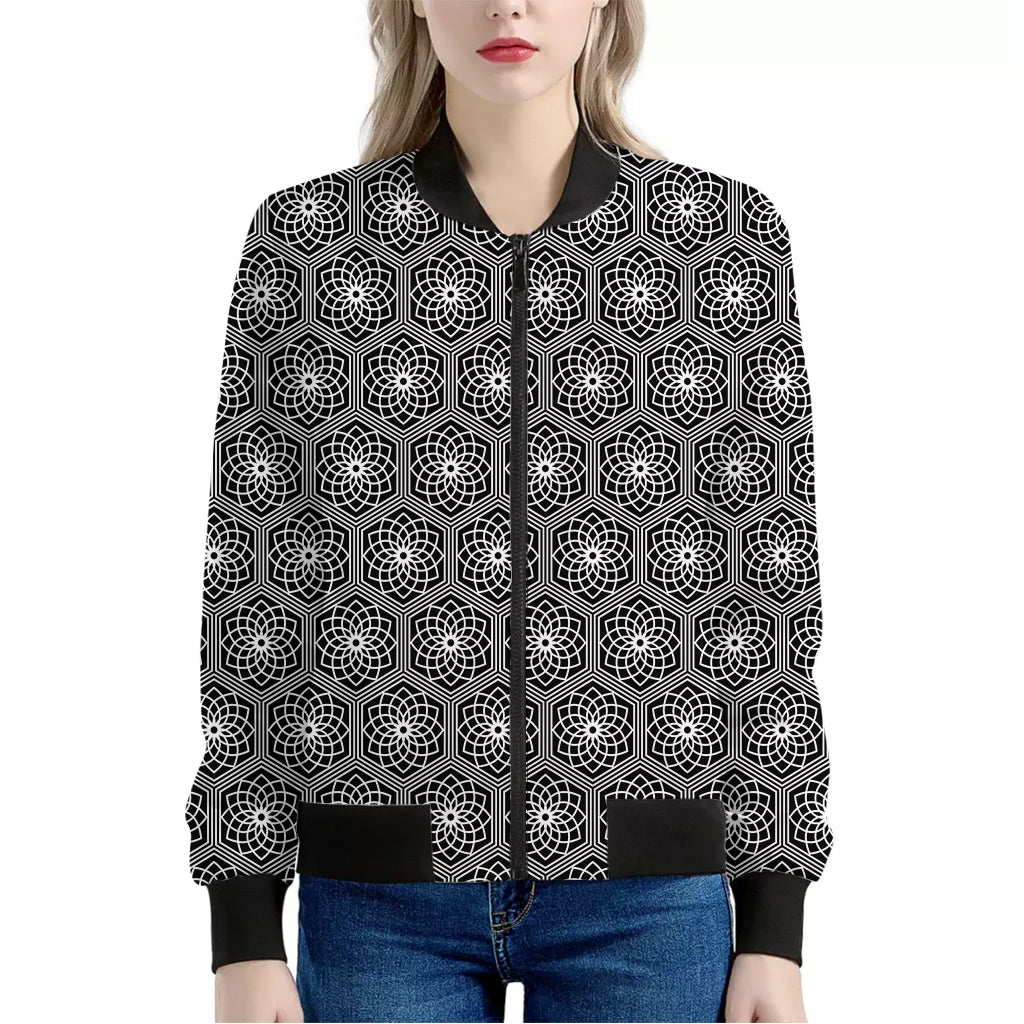 White And Black Lotus Pattern Print Women's Bomber Jacket