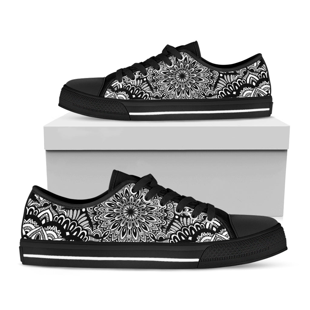 White And Black Mandala Print Black Low Top Shoes