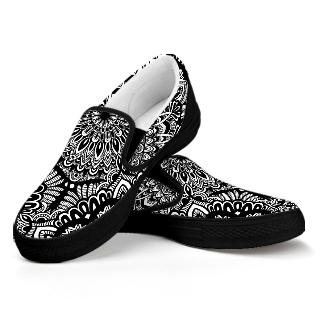 White And Black Mandala Print Black Slip On Shoes