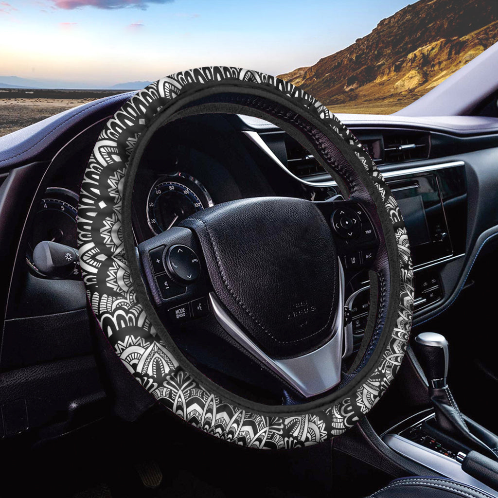 White And Black Mandala Print Car Steering Wheel Cover