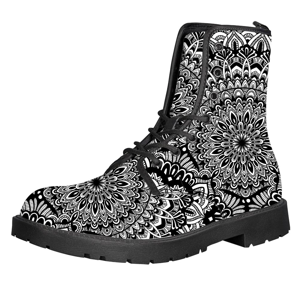White And Black Mandala Print Leather Boots