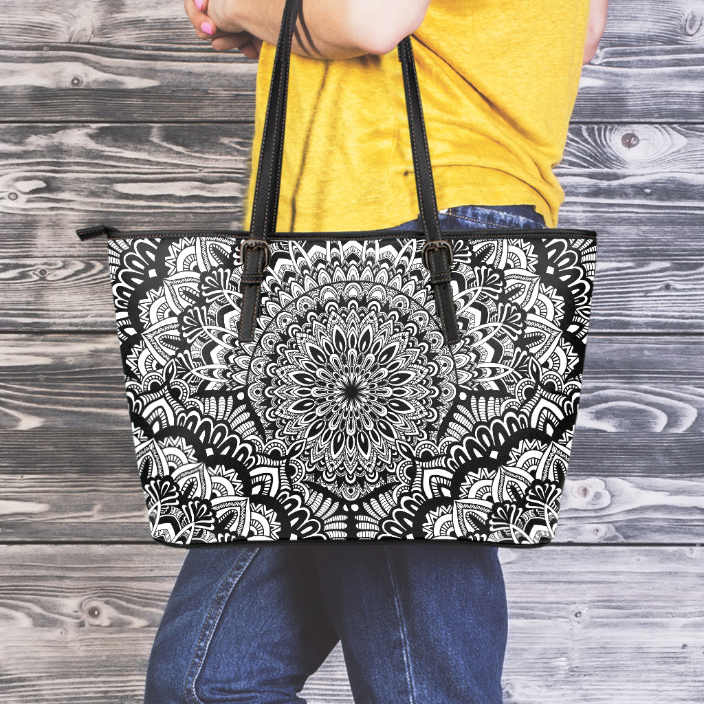 White And Black Mandala Print Leather Tote Bag