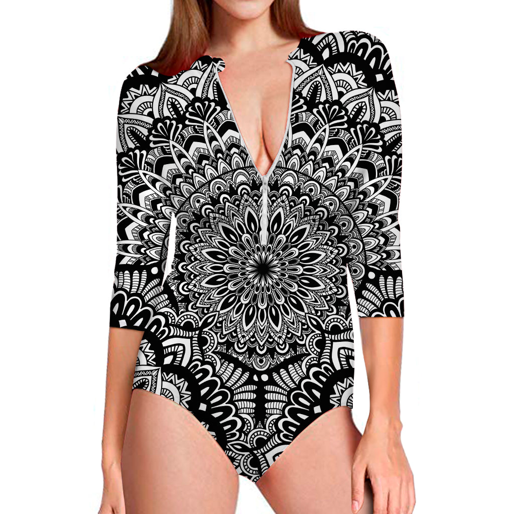 White And Black Mandala Print Long Sleeve One Piece Swimsuit