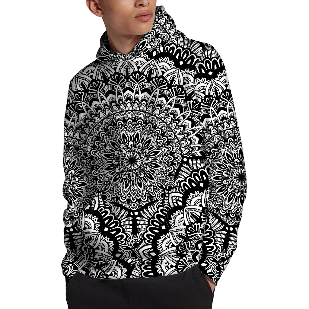 White And Black Mandala Print Pullover Hoodie