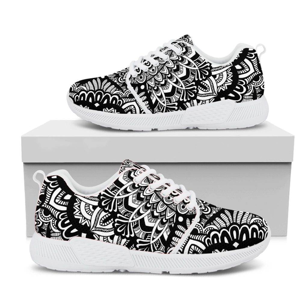 White And Black Mandala Print White Athletic Shoes