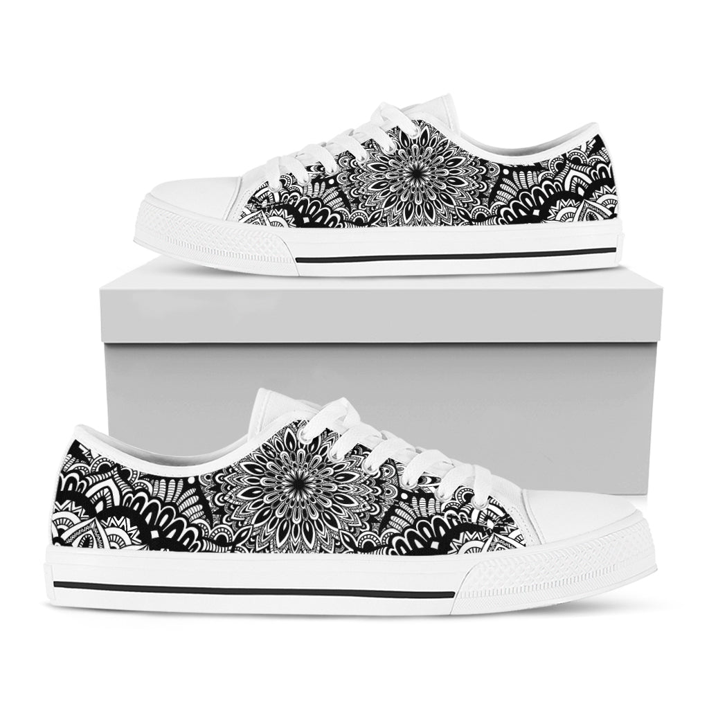 White And Black Mandala Print White Low Top Shoes