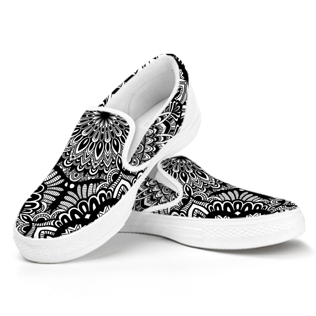 White And Black Mandala Print White Slip On Shoes