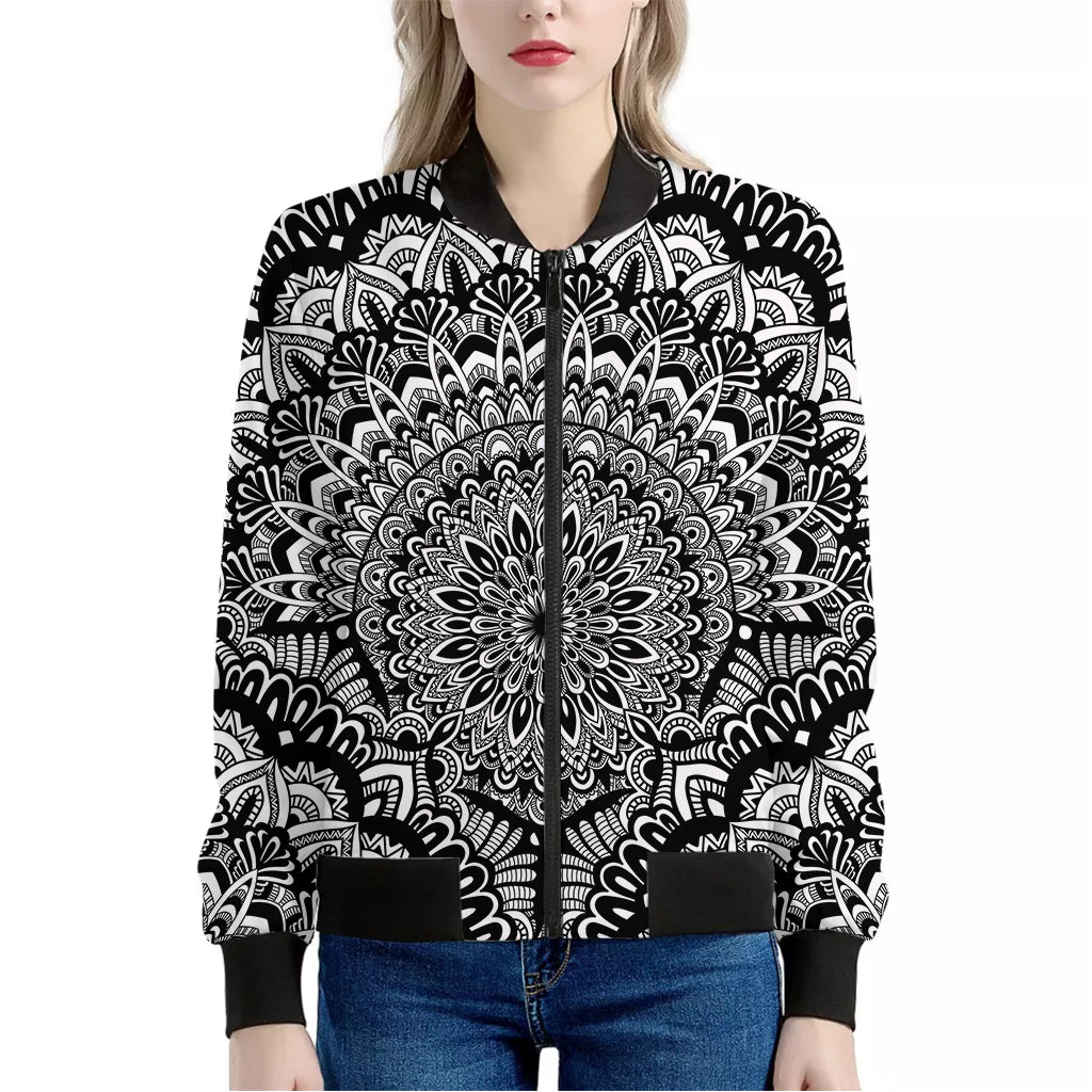 White And Black Mandala Print Women's Bomber Jacket