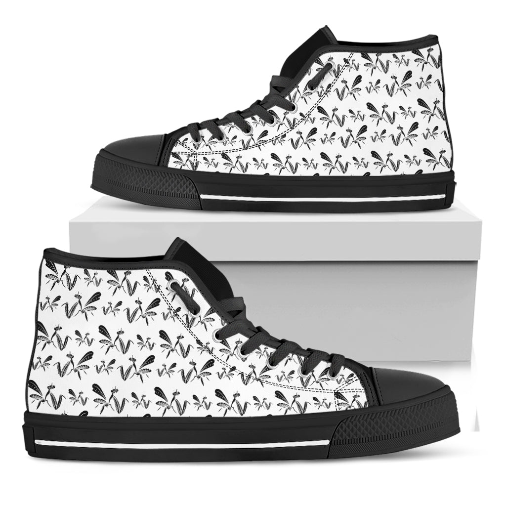 White And Black Mantis Pattern Print Black High Top Shoes