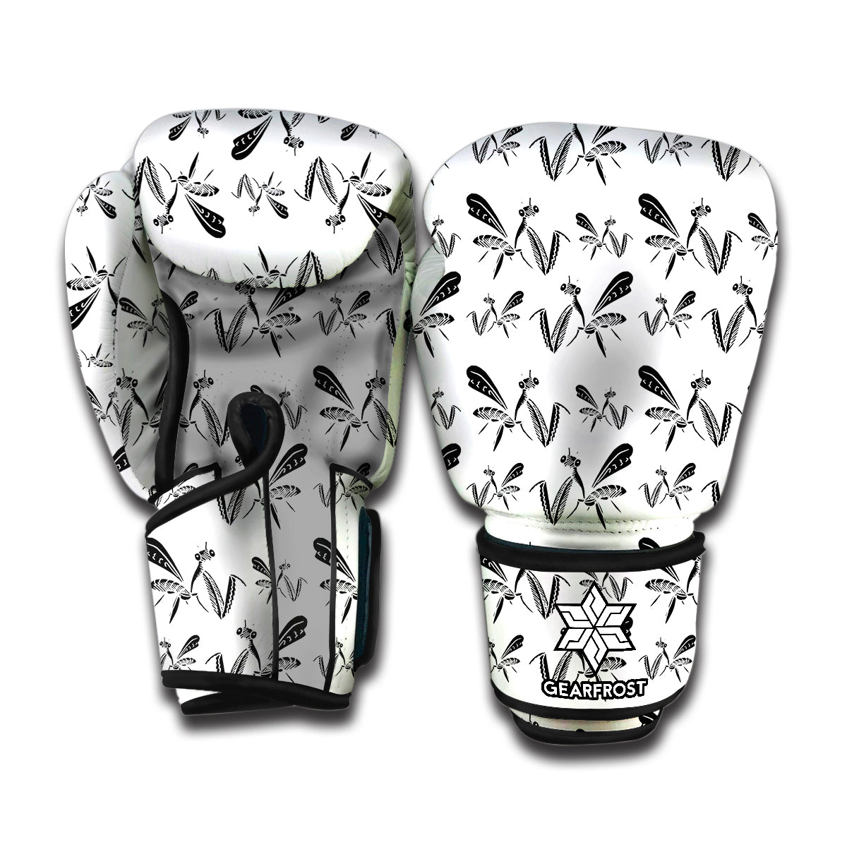 White And Black Mantis Pattern Print Boxing Gloves