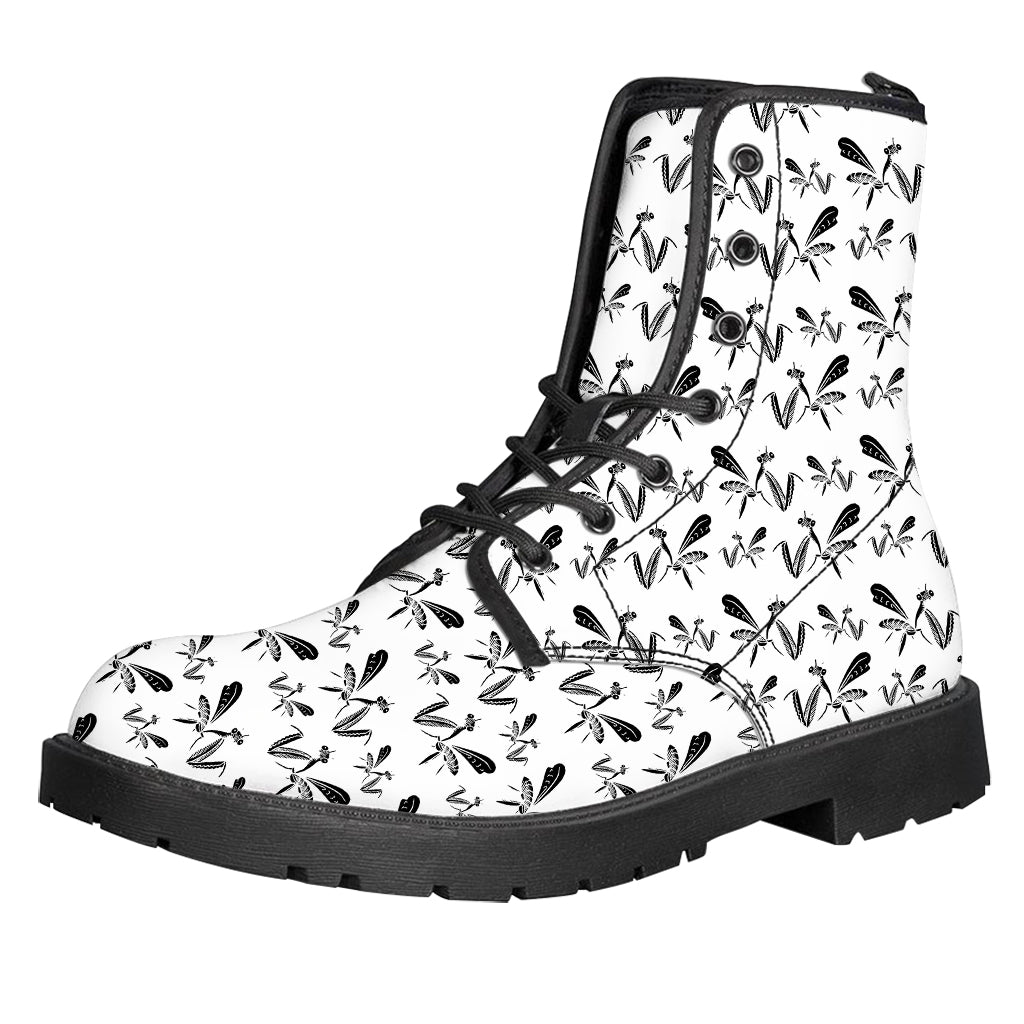 White And Black Mantis Pattern Print Leather Boots