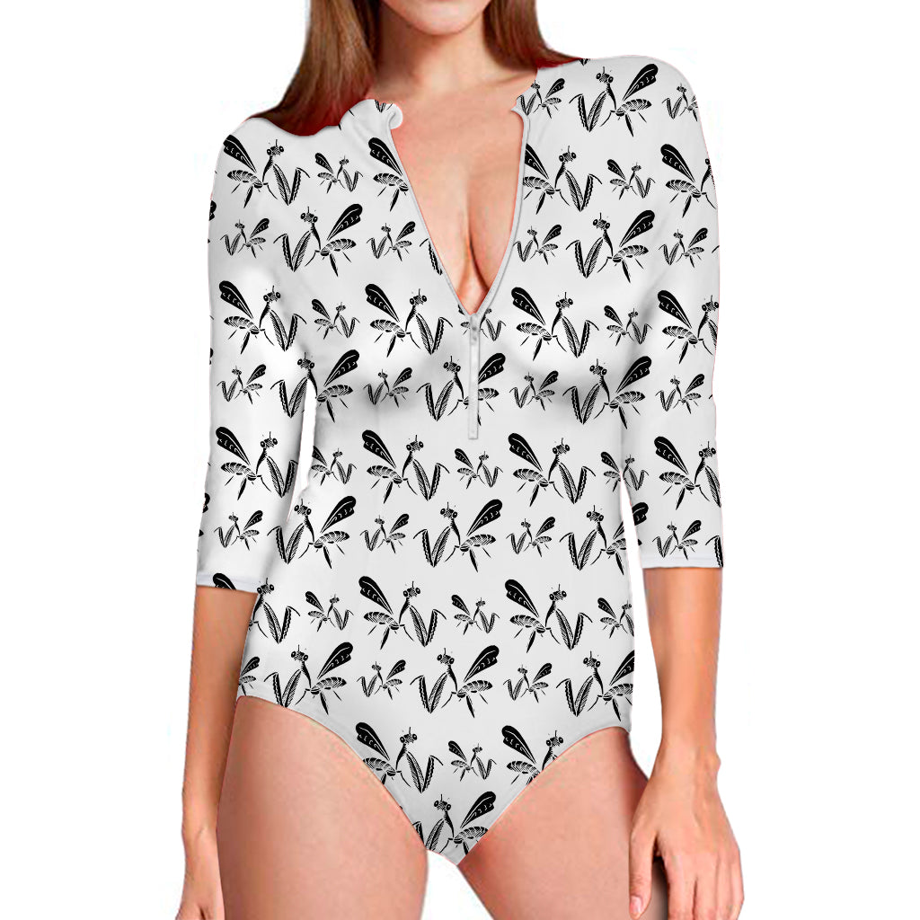 White And Black Mantis Pattern Print Long Sleeve One Piece Swimsuit