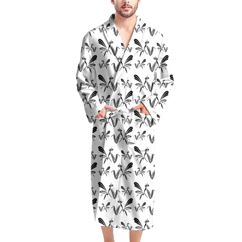 White And Black Mantis Pattern Print Men's Bathrobe