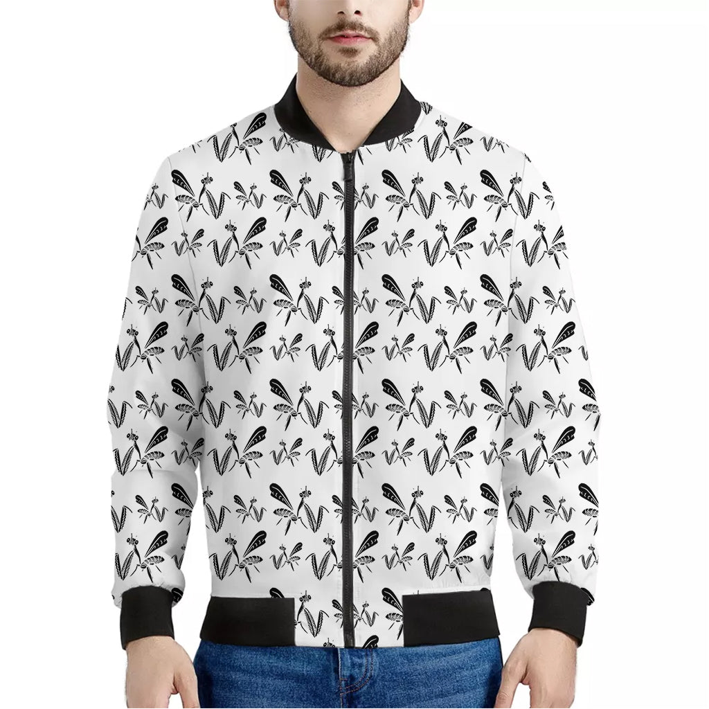 White And Black Mantis Pattern Print Men's Bomber Jacket