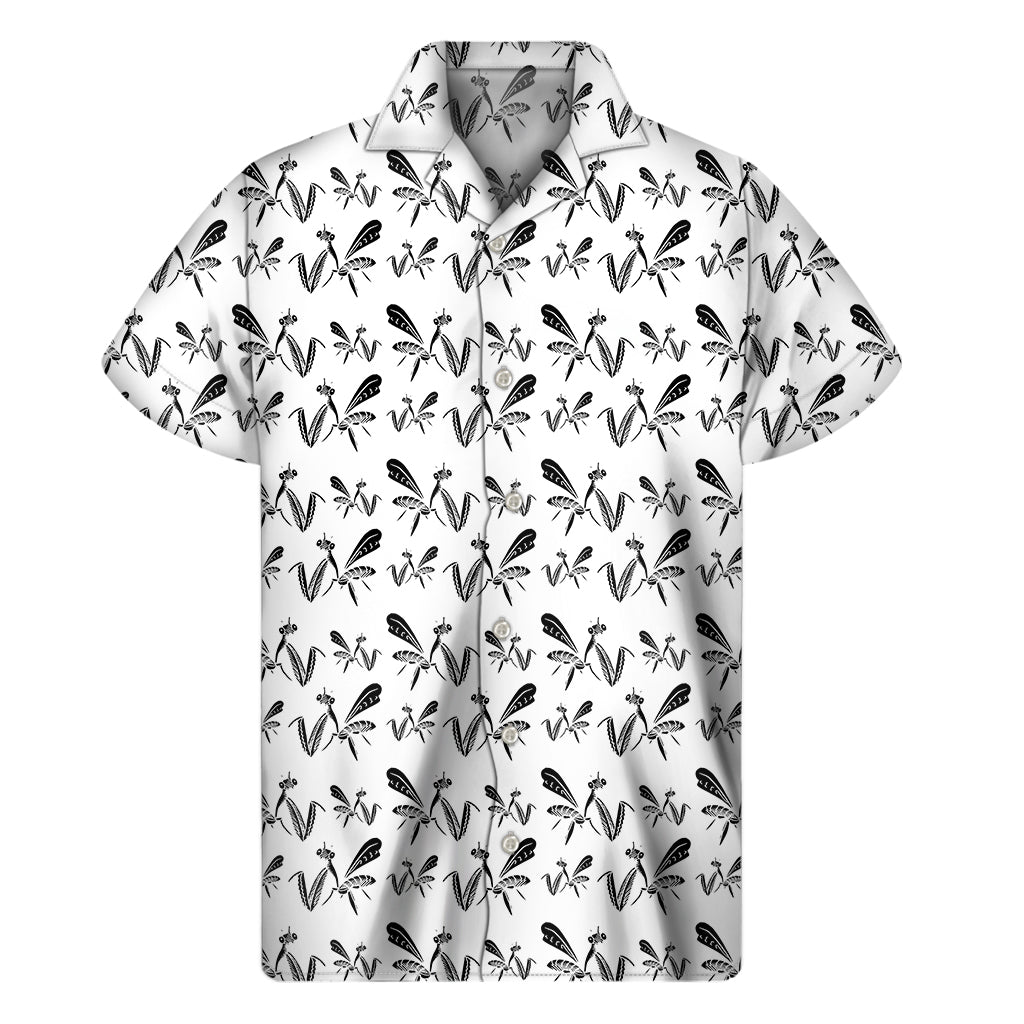 White And Black Mantis Pattern Print Men's Short Sleeve Shirt