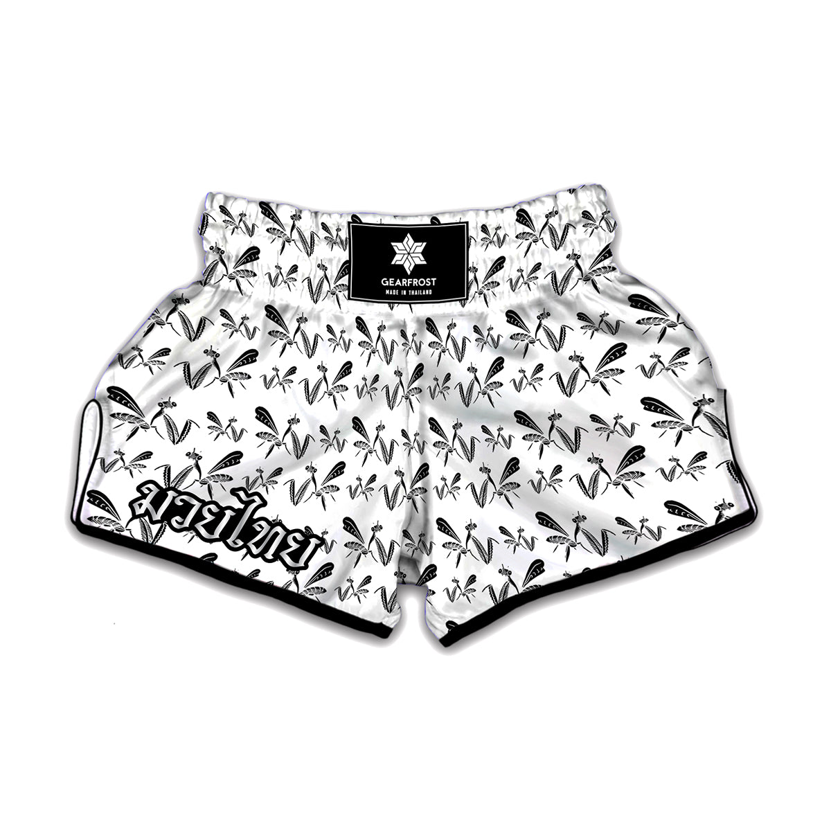 White And Black Mantis Pattern Print Muay Thai Boxing Shorts