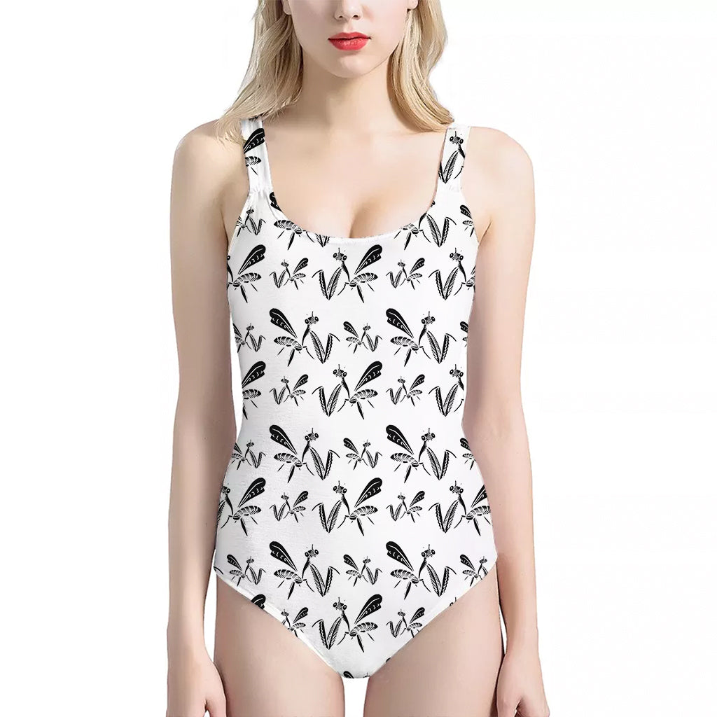 White And Black Mantis Pattern Print One Piece Halter Neck Swimsuit