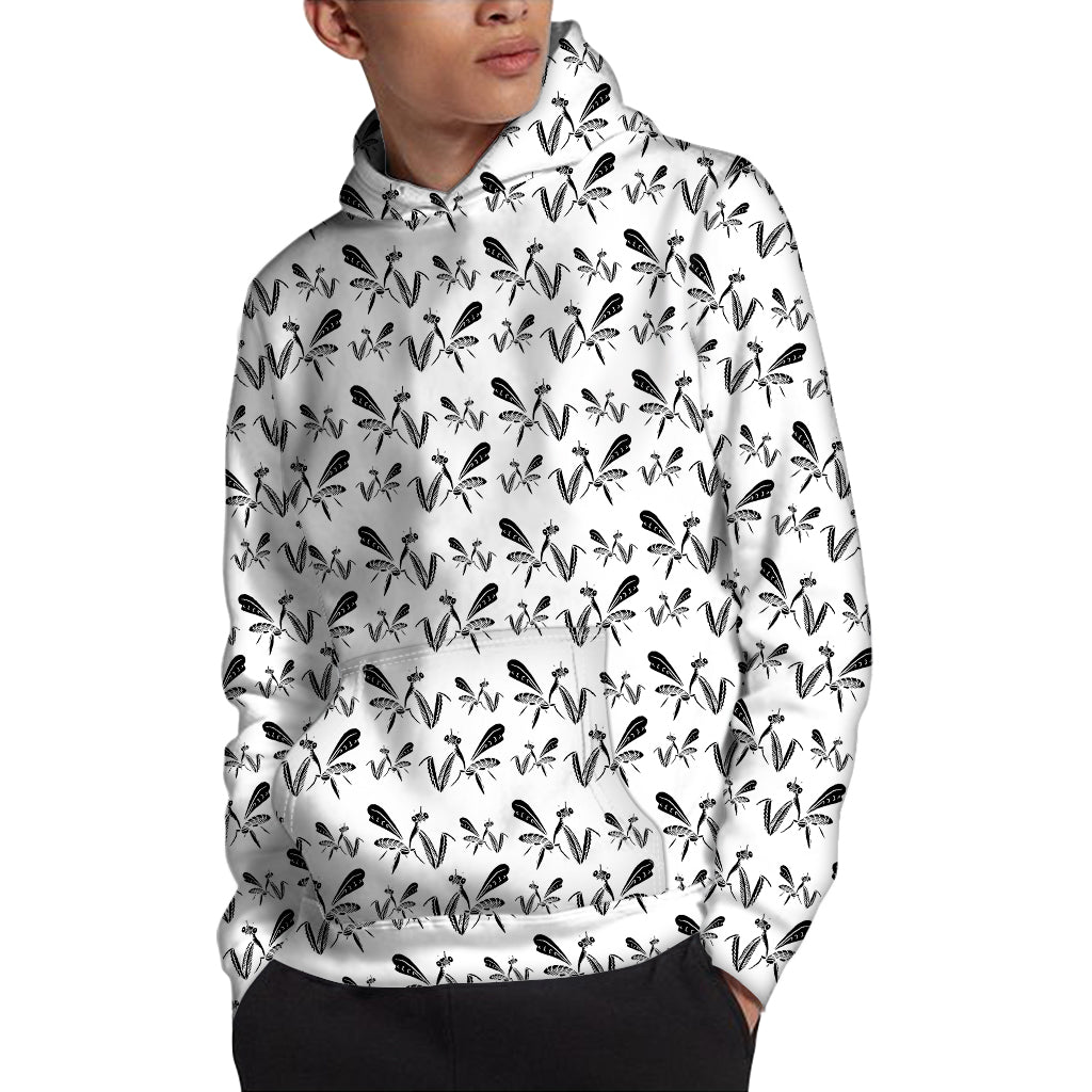 White And Black Mantis Pattern Print Pullover Hoodie