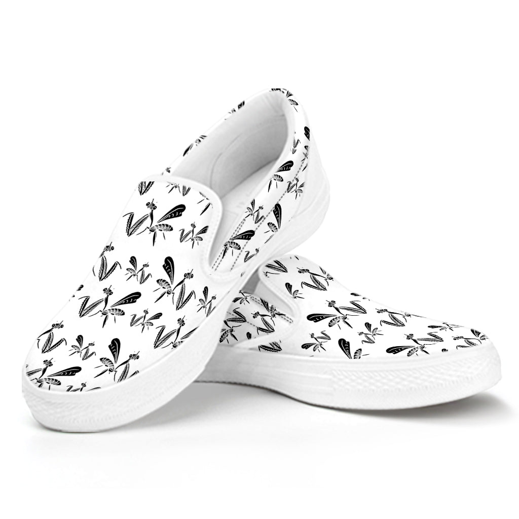 White And Black Mantis Pattern Print White Slip On Shoes