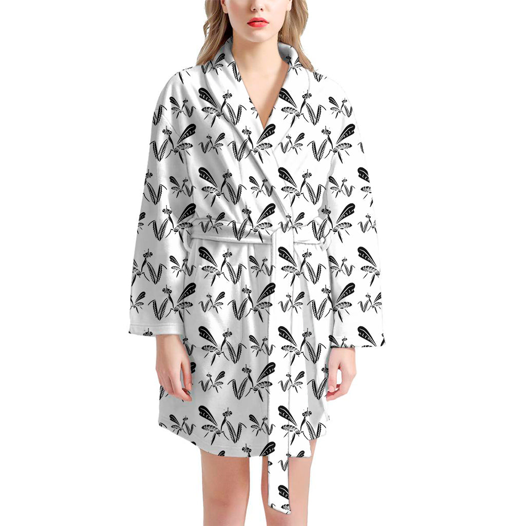 White And Black Mantis Pattern Print Women's Bathrobe