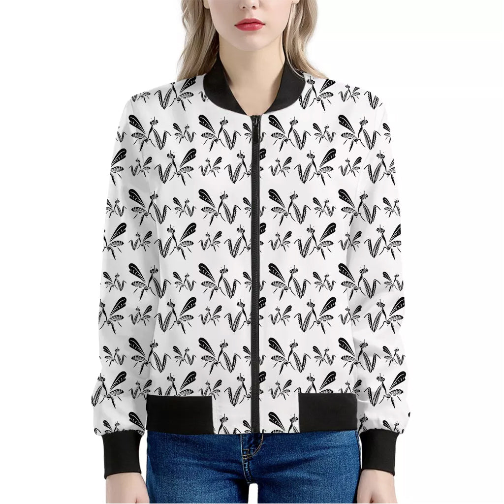 White And Black Mantis Pattern Print Women's Bomber Jacket