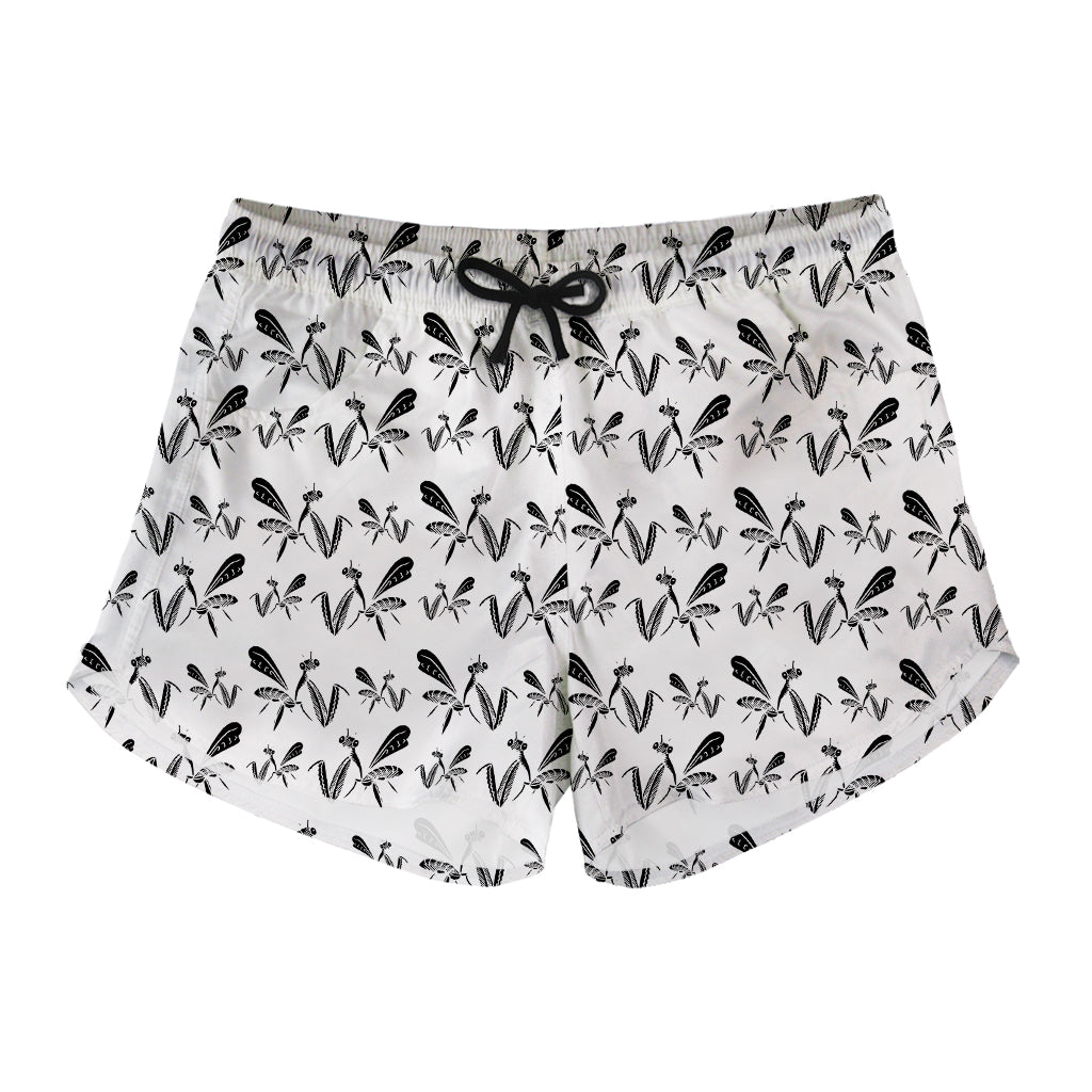 White And Black Mantis Pattern Print Women's Shorts