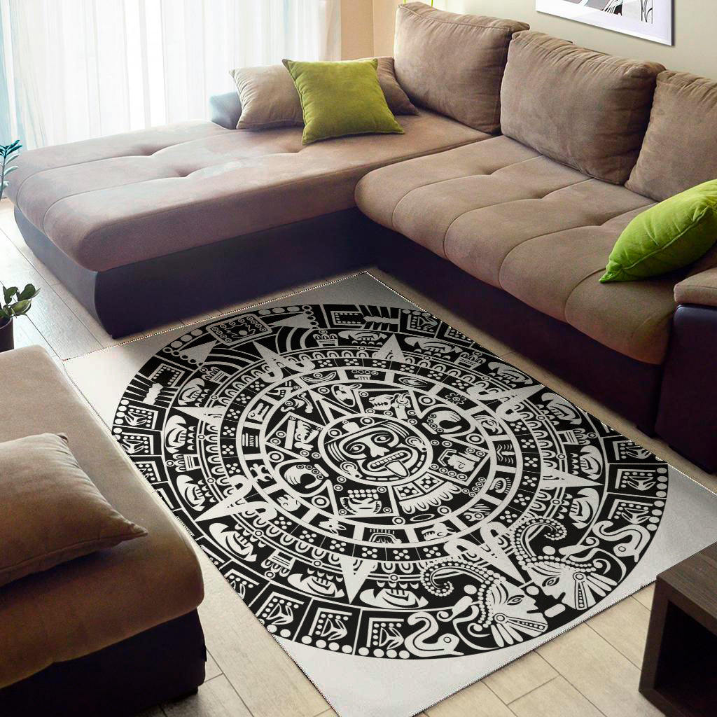 White And Black Maya Calendar Print Area Rug