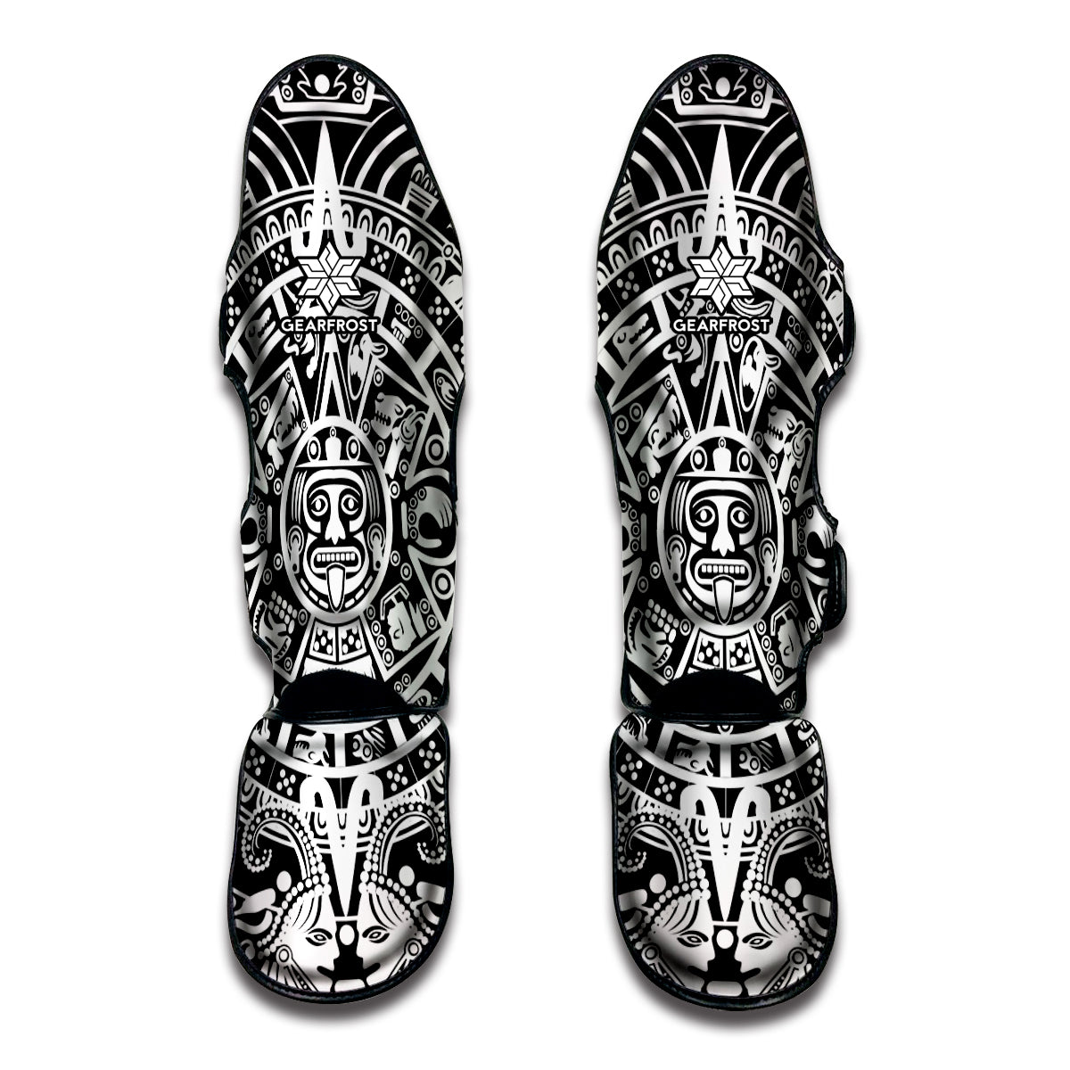 White And Black Maya Calendar Print Muay Thai Shin Guards