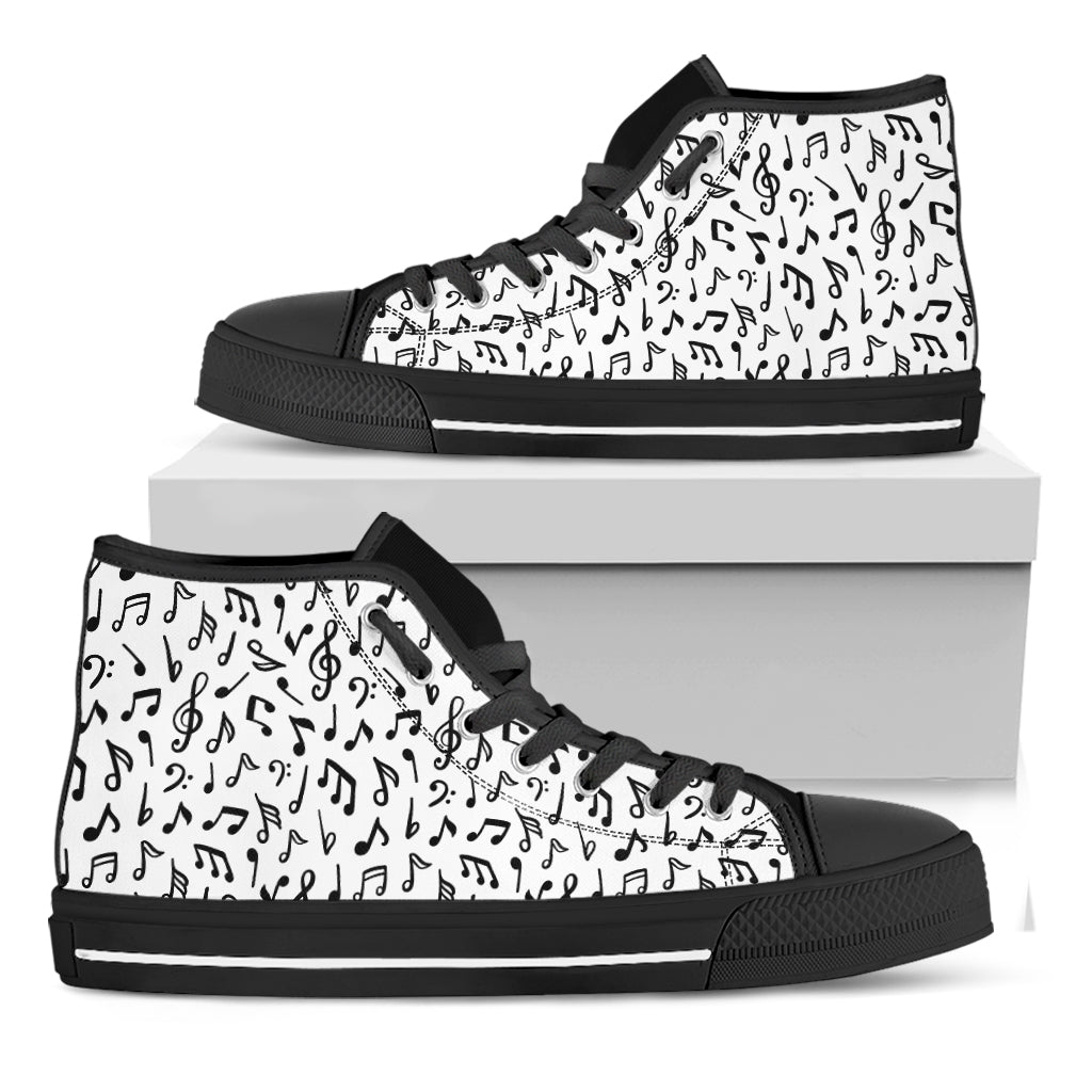 White And Black Music Note Pattern Print Black High Top Shoes