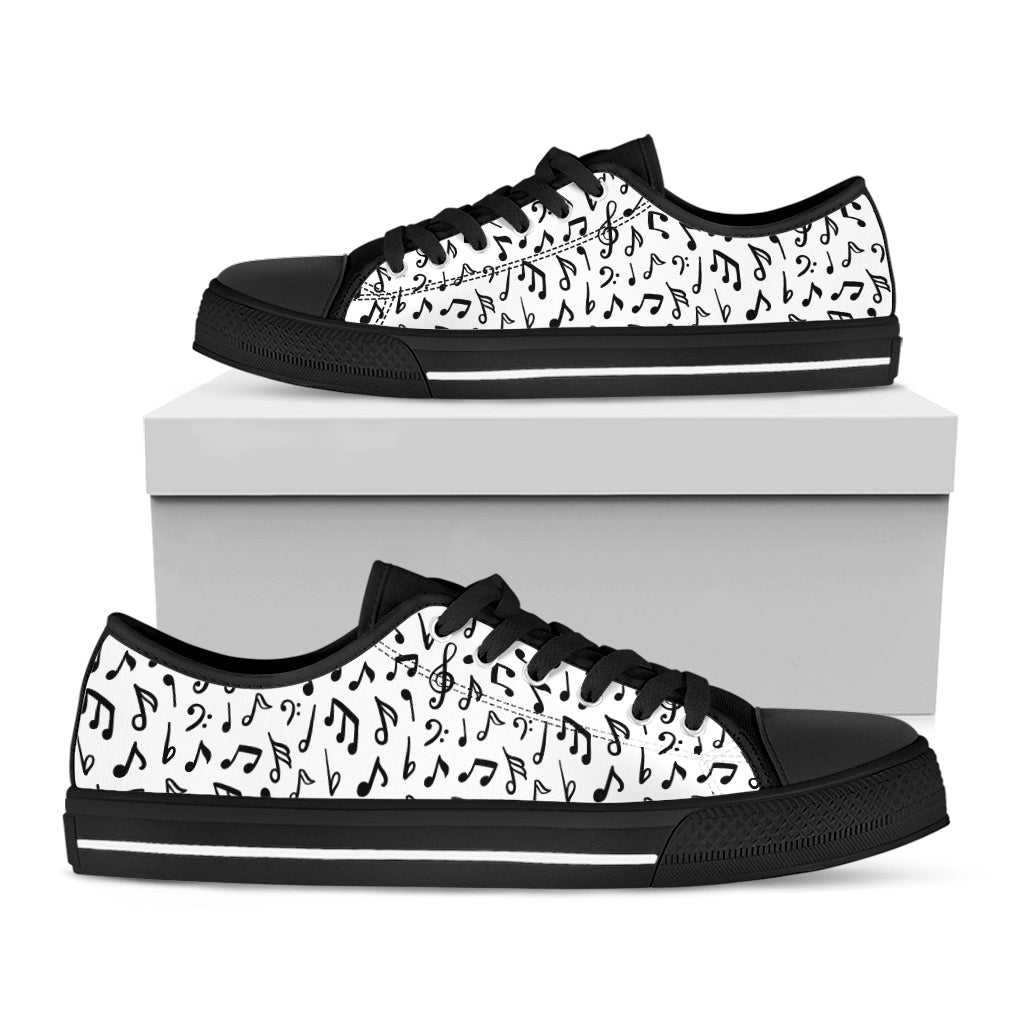 White And Black Music Note Pattern Print Black Low Top Shoes