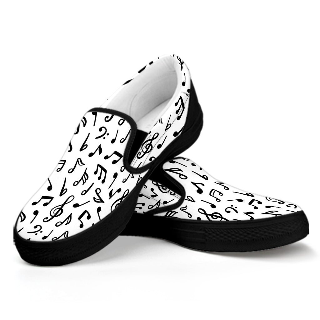 White And Black Music Note Pattern Print Black Slip On Shoes