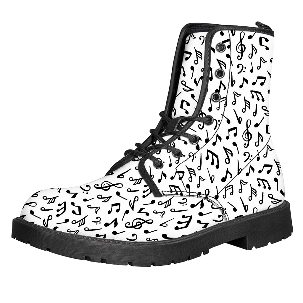 White And Black Music Note Pattern Print Leather Boots