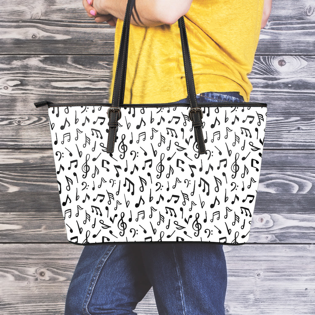 White And Black Music Note Pattern Print Leather Tote Bag