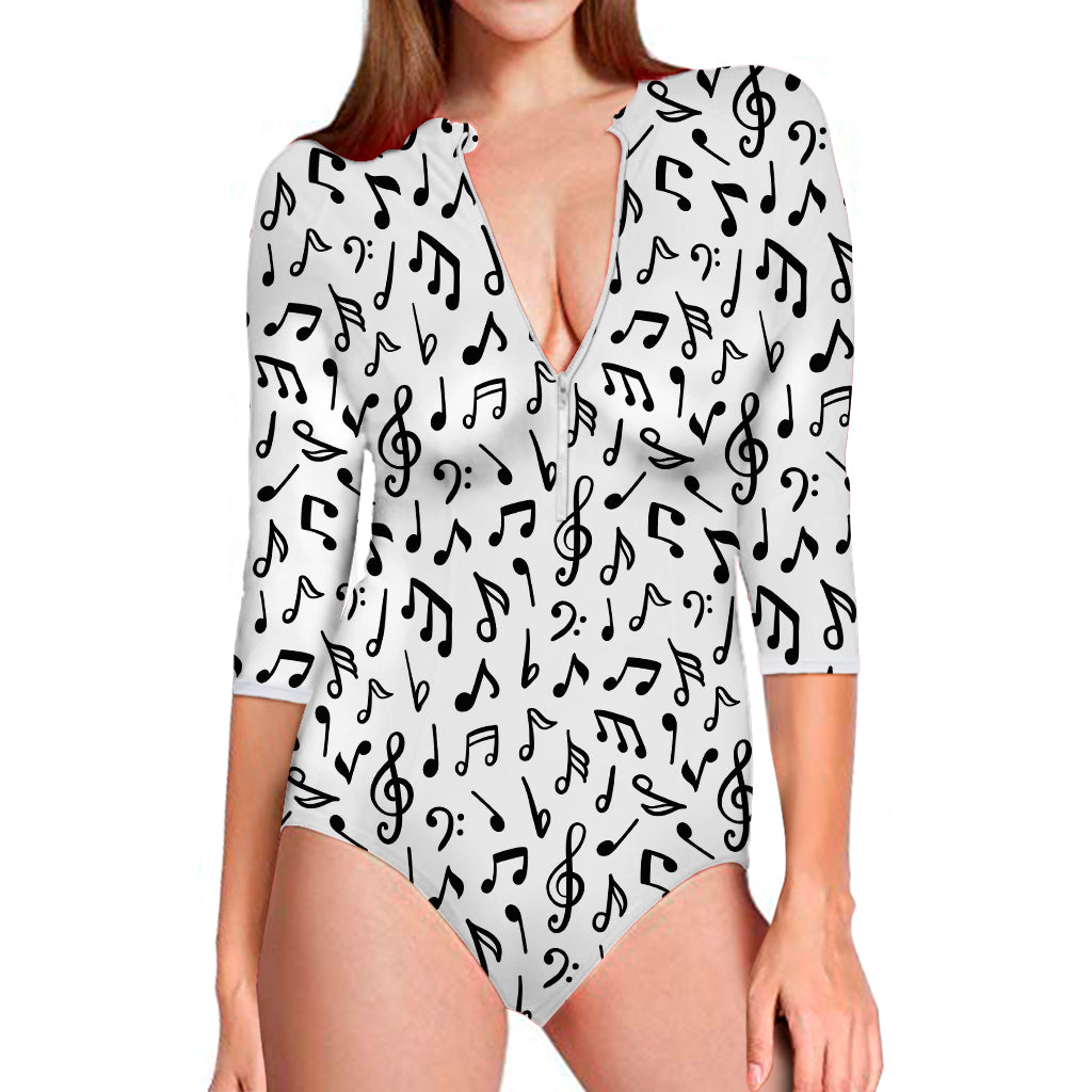 White And Black Music Note Pattern Print Long Sleeve One Piece Swimsuit