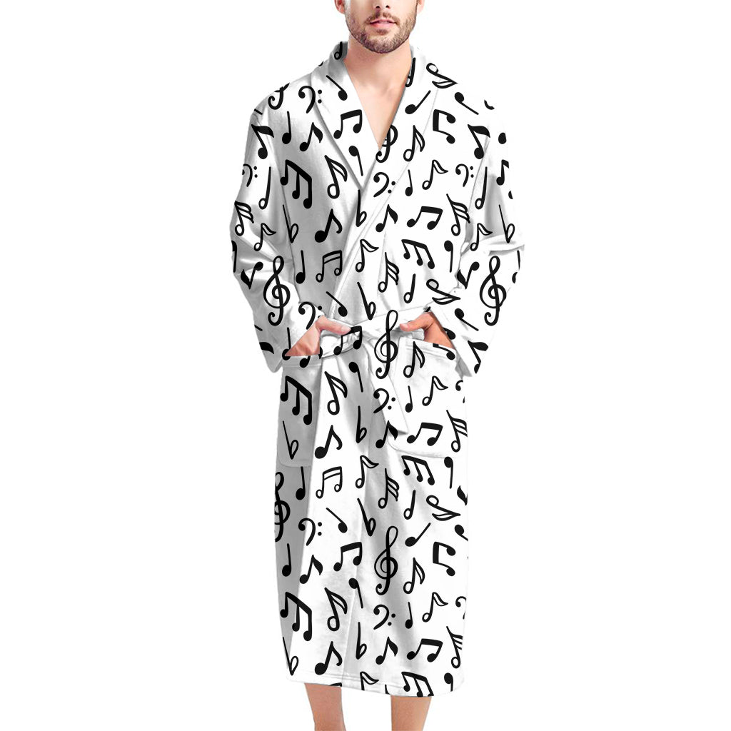 White And Black Music Note Pattern Print Men's Bathrobe