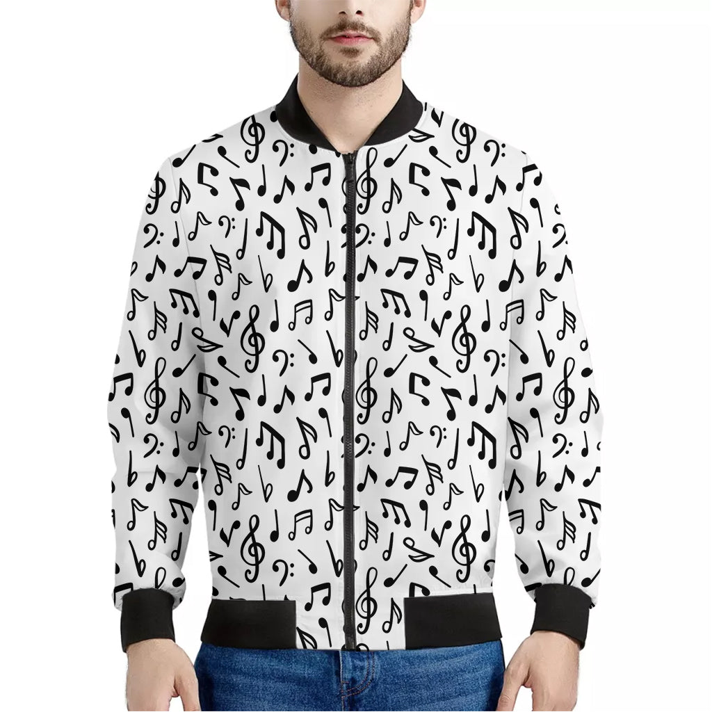 White And Black Music Note Pattern Print Men's Bomber Jacket