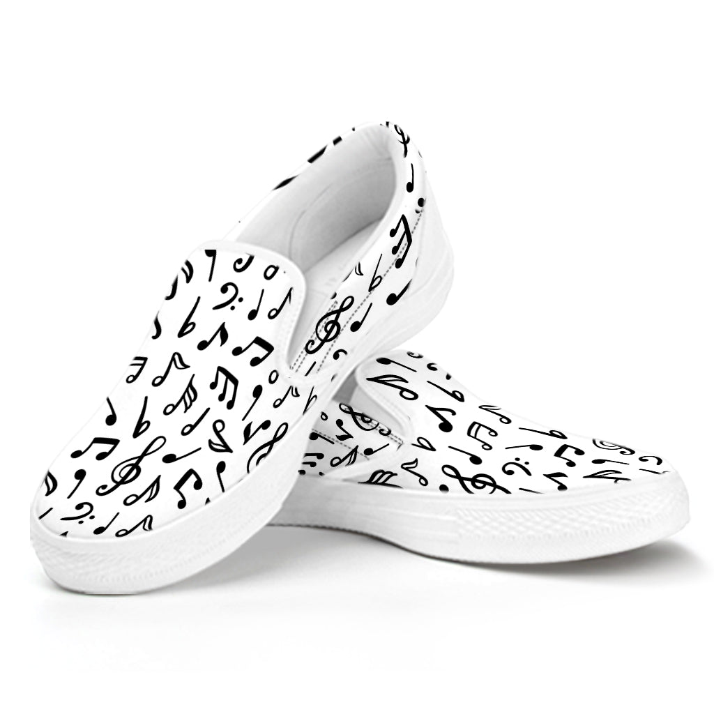 White And Black Music Note Pattern Print White Slip On Shoes