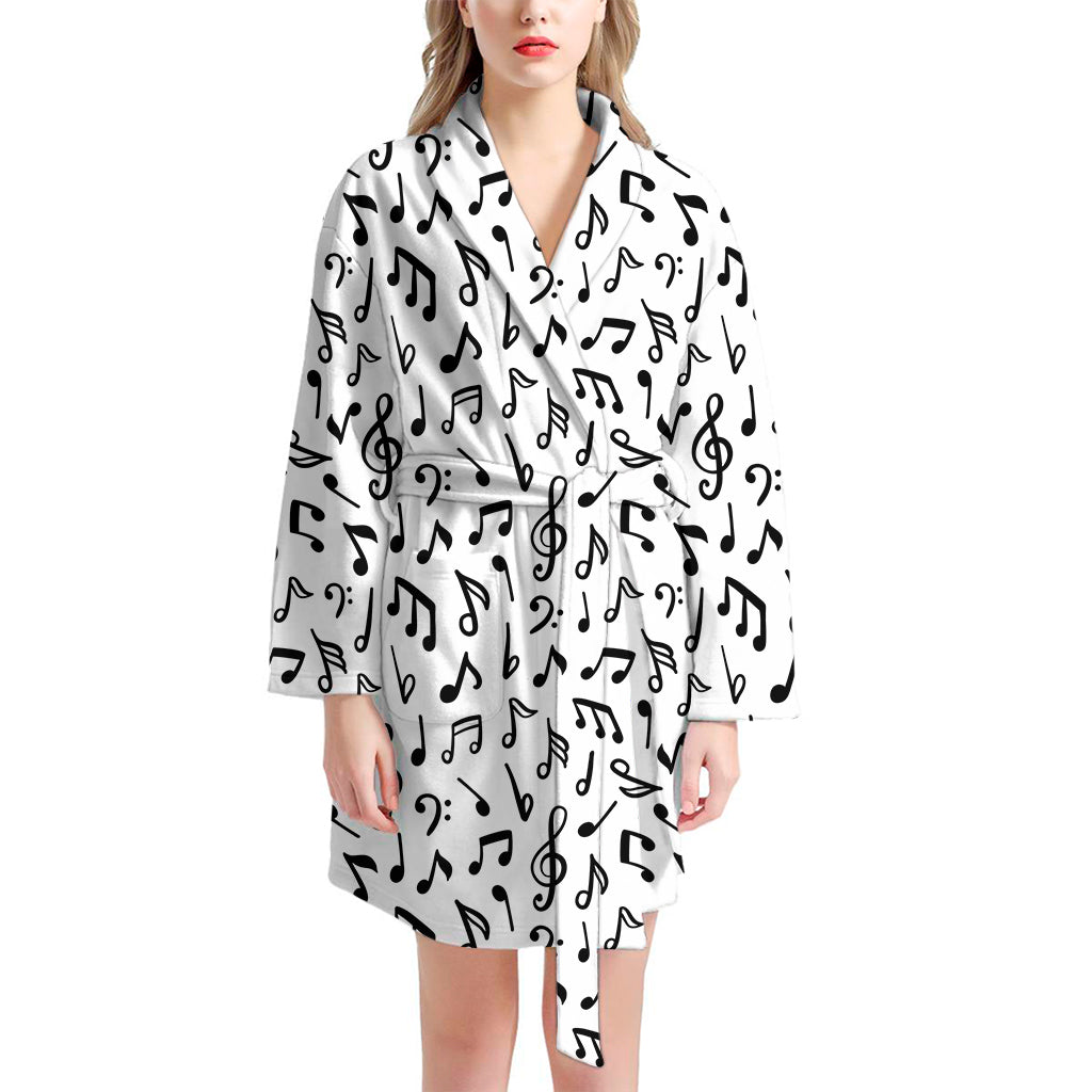 White And Black Music Note Pattern Print Women's Bathrobe